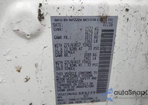 2016 Nissan Rogue Sv z USA, uszkodzony, nr VIN 5N1AT2MV4GC889239